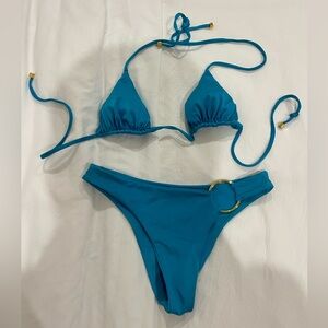 Cin Cin Teal Bikini Set with Gold Ring and Accents